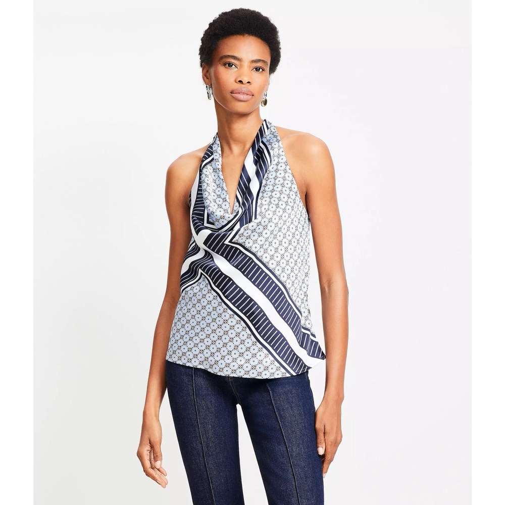 Loft Foulard Satin Cowl Neck Cami M Handkerchief Blue Casual